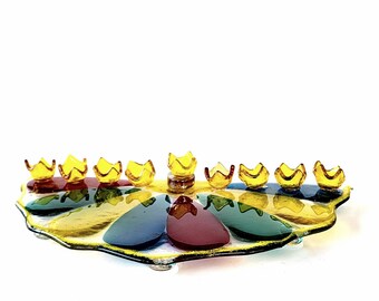 Hanukkah glass Menorah, Jewish gift, Bat mitzva gift made in Israel, Modern Hanukkah Menorah, Art glass Menorah,