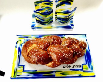 Shabbat blue glass candlestick and tray, Challah plate, Made in Israel, Jewish wedding gift, Jewish woman gift, Shabbat glass Judaica