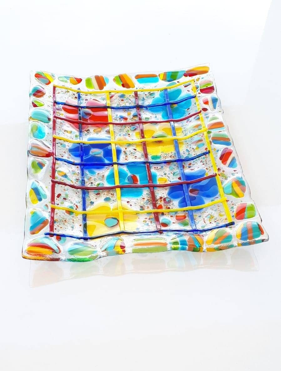 Serving Platter, Floral Glass Tray , Coffee Table Decor, Fused Glass
