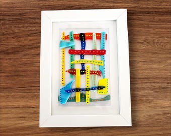 Framed Textured Fused Glass Wall Art, Handmade Colorful Geometric Glass Decor