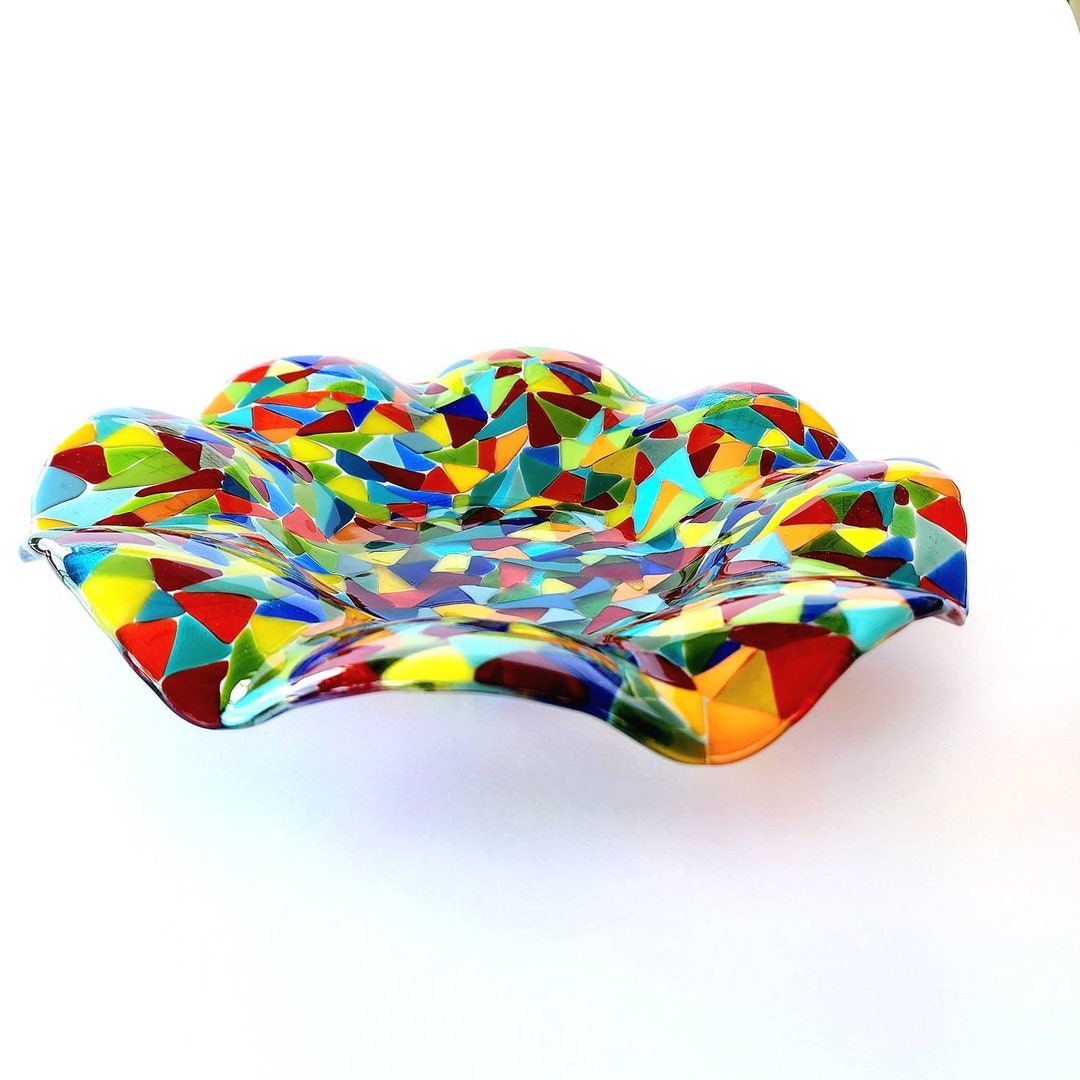 Glass Centerpiece Bowl , Fused Glass Art Bowl, Rainbow Glass Bowl, Hand