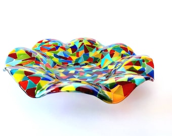 Glass centerpiece bowl , Fused glass art bowl, Rainbow glass bowl, Hand made glass bowl, Colorful glass home decor, Decorative glass bowl