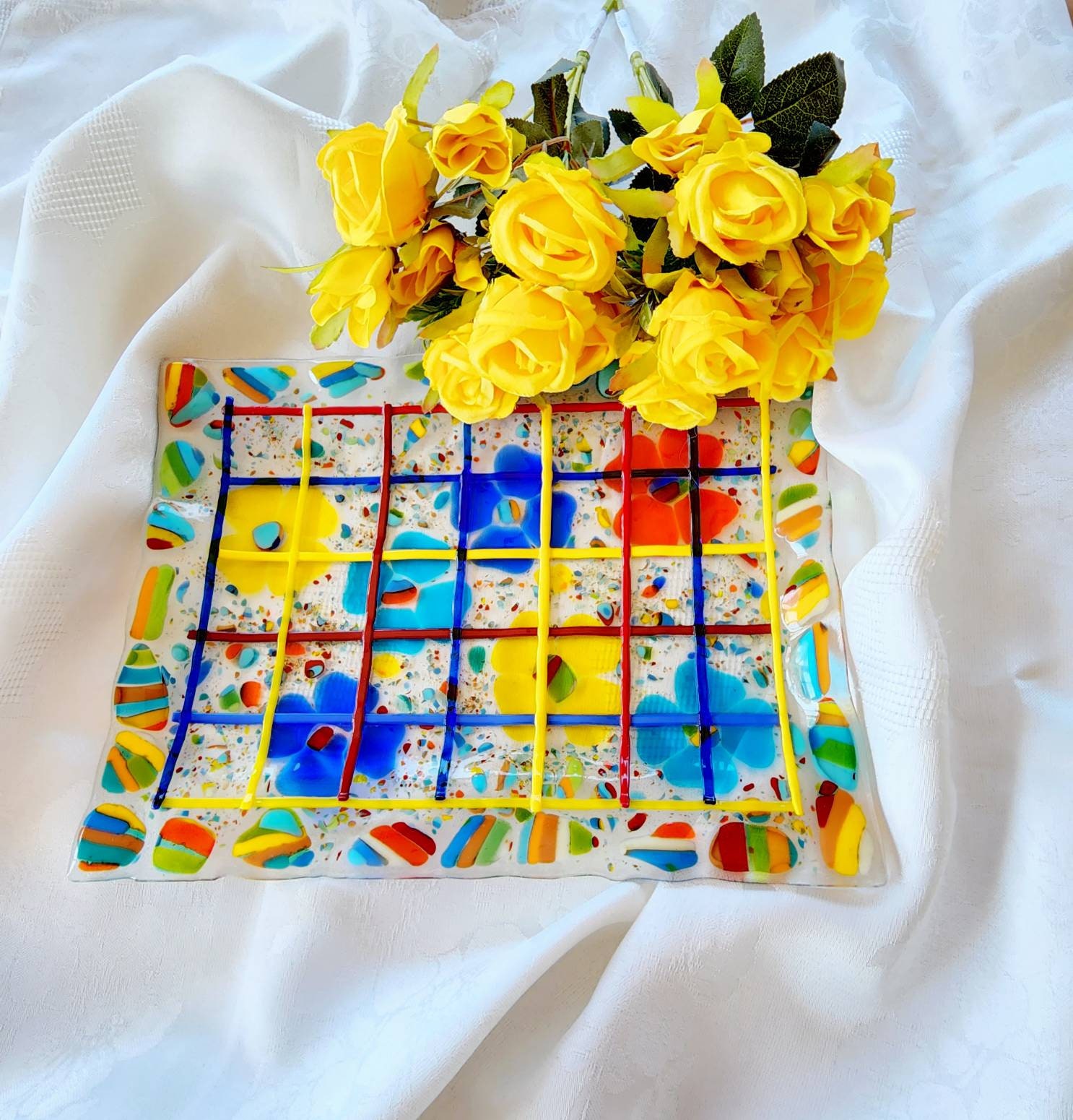 Serving Platter, Floral Glass Tray , Coffee Table Decor, Fused Glass