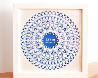MANDALA DIVINE Blue 25cm/10"- 3 layers of lace like cut blue and white paper, double sided glass shadowbox