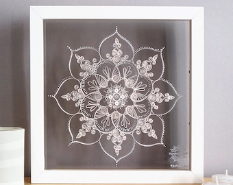 MANDALA Kolam JAIPUR 25cm/10"- white paper Quilling, double sided glass shadowbox