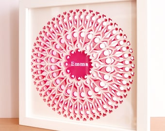 MANDALA DIVINE Pink 25cm/10"- 3 layers of lace like cut pink and white paper, double sided glass shadowbox