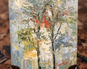 Peinture à l'huile abstraite originale d'arbres 20,4 x 10,8 cm (8 x 10 po.)