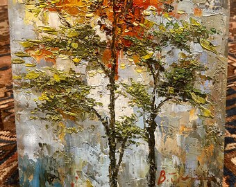 Arbres en peinture à l'huile abstraite originale 12 x 16 po.