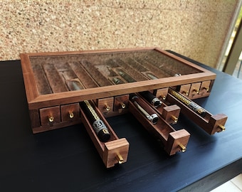 Rustic Walnut Organizer for 12 Pens with See-Through Display，Wooden jewelry box，Wooden Gifts