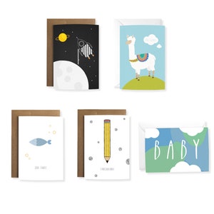 Conjunto de 5 cartões de felicitações - para os mais pequenos - matrícula escolar, nascimento, batizado, aniversário, ilustração