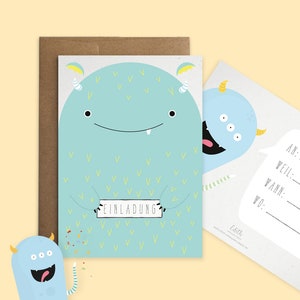 6 Cartes d’invitation avec enveloppe Fête des monstres- Anniversaire d’enfant, Illustré, Fête, Enfants, Papier recyclé, Enveloppe,Papier kraft
