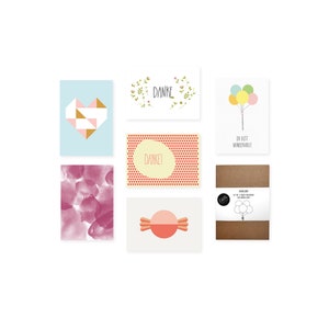 6 Postkarten zum Danke sagen - Recyclingpapier, Naturpapier Creme, Luftballons, Herz, Blumen, Postkarten-Set