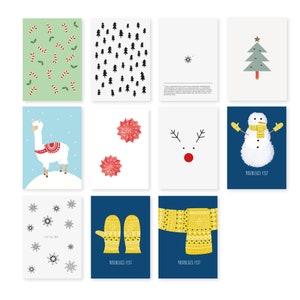 11 Postkarten mit Weihnachtsmotiven - Weihnachten - Rudolf, Tannenbaum, Schneemann, Handschuhe, Zuckerstange, Schnee, Sterne, Illustriert