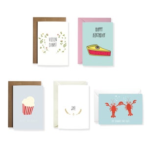 5 Tarjetas de Felicitación - Celebraciones - Boda, Cumpleaños, Palomitas de maíz, ¡Sí!, Gracias, Ilustración