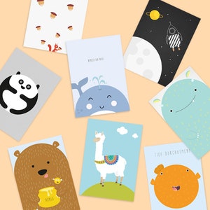 8 cartões postais - Para entes queridos - baiacu, urso, baleia, alpaca, esquilo, foguete, panda, monstro, papel reciclado