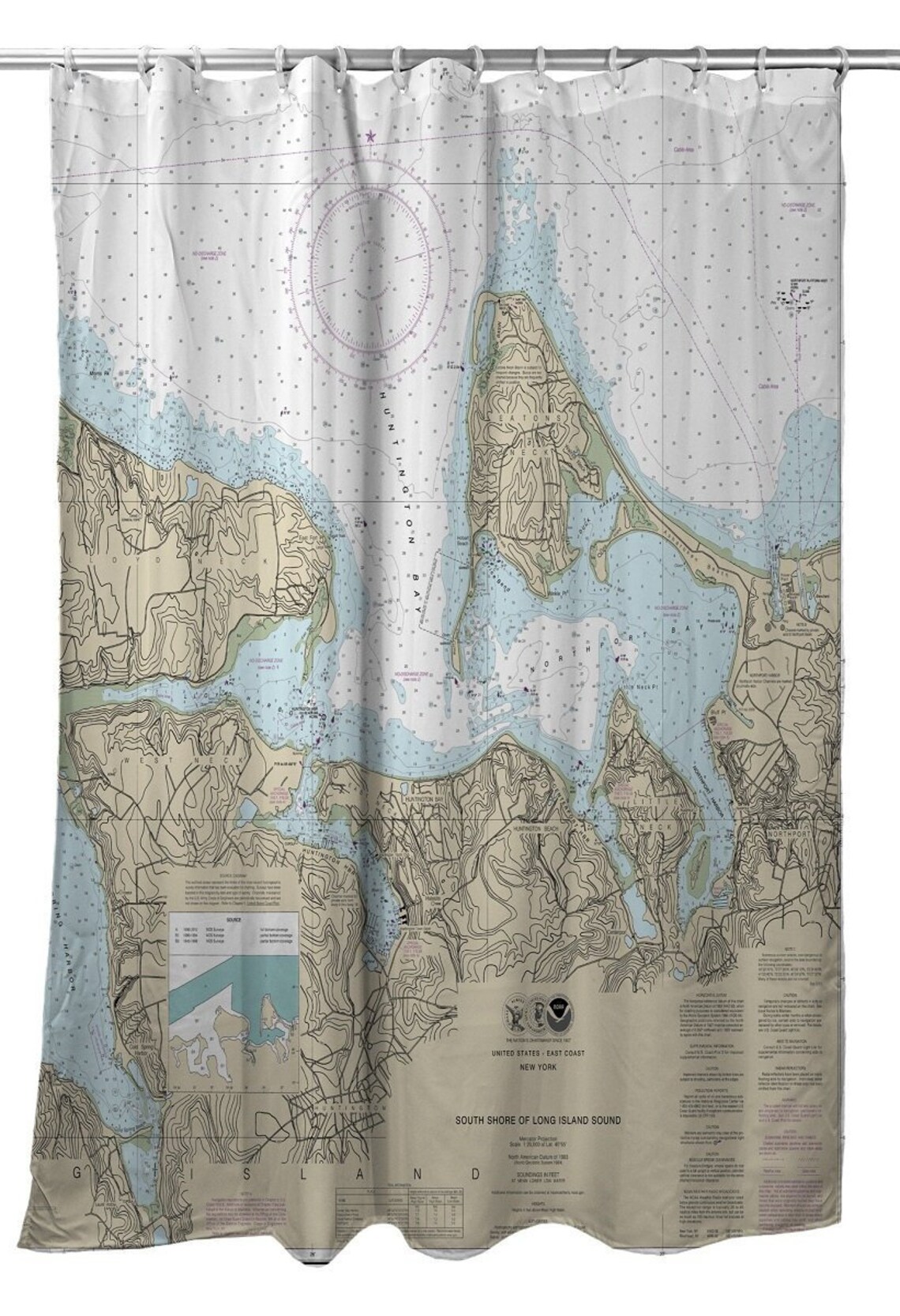 Huntington Bay NY Nautical Chart Shower Curtain / Made to Etsy