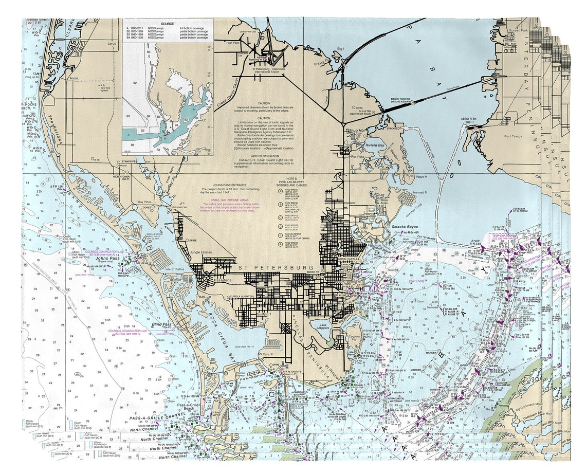 St. Petersburg FL Nautical Chart Placemat Set of 4 / Made Etsy