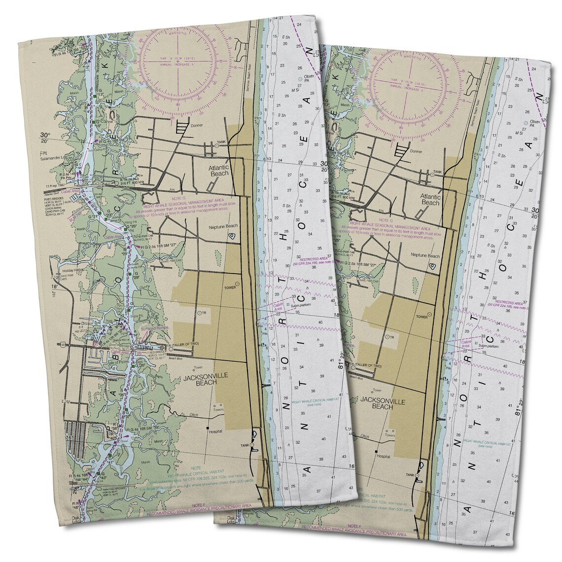 Jacksonville Beach FL Nautical Chart Hand Towel Set of 2 / Etsy