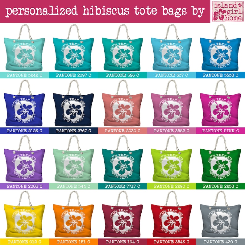 Personalized Hibiscus Tote Bag Custom Beach Tote 20 Colors