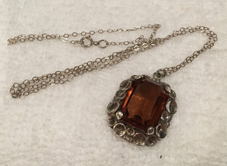 Wonderful Vintage STERLING SILVER and AMBER Glass Stone Pendant-Comes on a lovely 46cm 18 Inch Sterling Silver Chain image 1