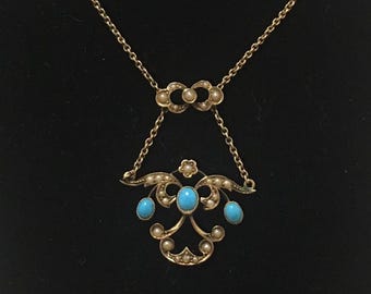 Absolutely Exquisite Vintage Art NOUVEAU (9k) 9ct Gold-Polished TURQUOISE & SEED Pearl-Lavalier Necklace-43cm (17" inch) Long-Stunning