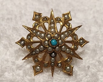 Wunderschöne Antike Vintage Victorian 9 Karat Gelbgold-TÜRKIS & Samen PERLE-STARBURST Brosche/Anhänger-Zentral Türkis - 42 schöne Saatperlen
