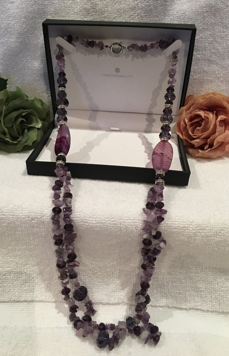 Truly Spectacular Double Strung FLAPPER Length AMETHYST Necklace-Genuine AMETHYST Paired with Amethyst Crystal Beads and Diamante's image 2