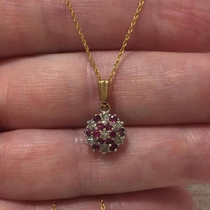 Pretty Vintage 9ct GOLD Pendant-Set with 12 Rubies-7 Small DIAMONDS-Cluster Setting-46cm (18 inch) 9ct Gold Chain