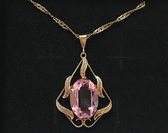 Absolut schöner antiker Vintage JUGENDSTIL 9 Karat Gold Anhänger-Mitt rosa Stein-Wirbelnde Farnblätter-Auf einer 9ct Gold 46cm (18") Kette
