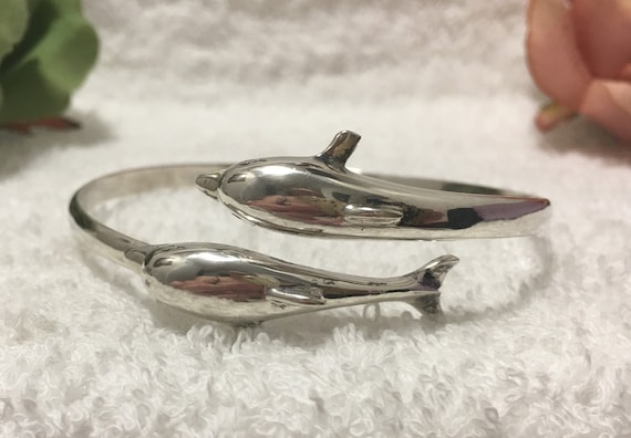 Beautiful Quality Vintage SOLID Sterling Silver-dolphin Bangle-two 