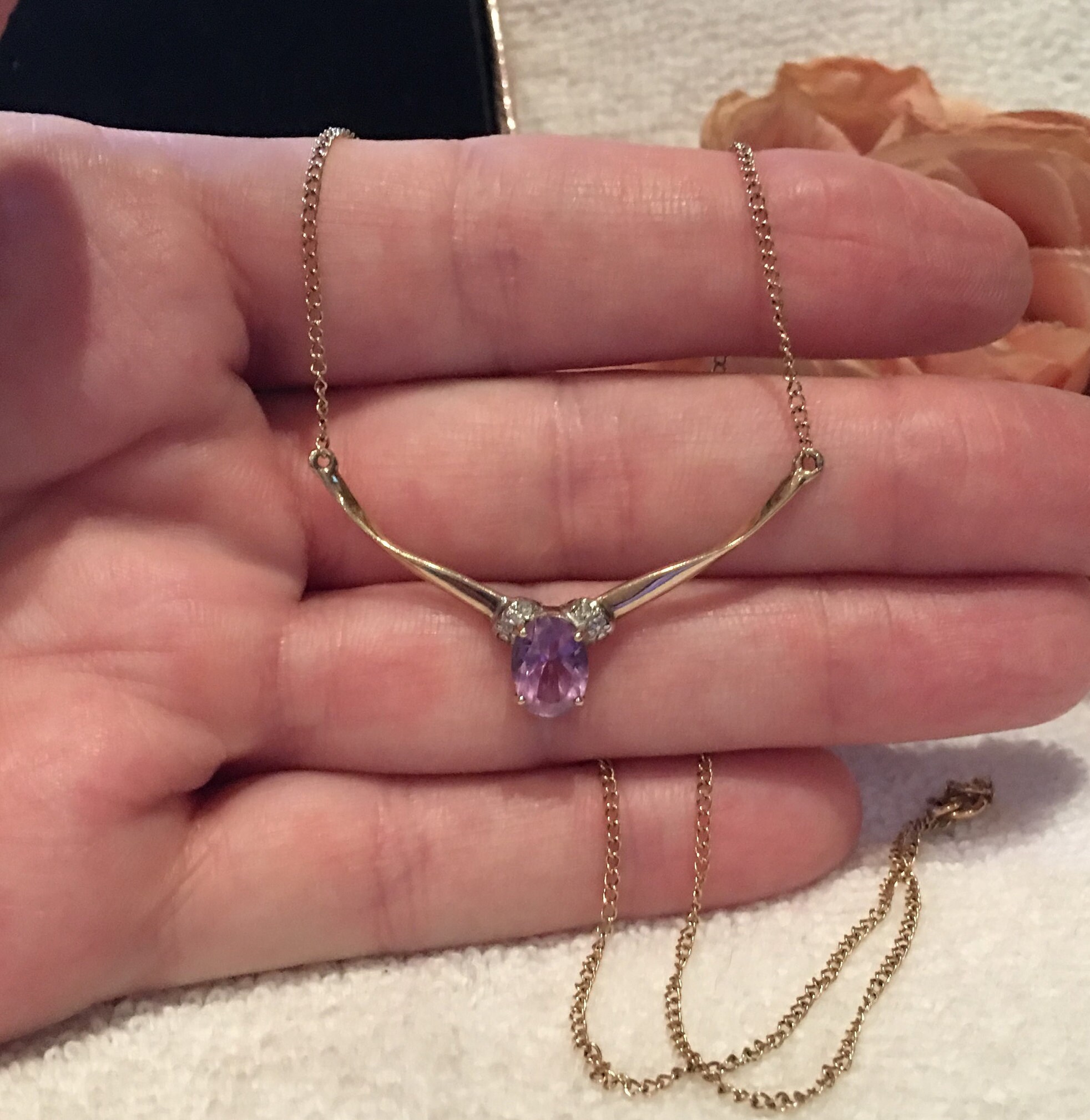 Absolutely Exquisite ENGLISH Vintage 9ct Gold-AMETHYST & DIAMOND-Lavalier Necklace-Sheffield 1982-45cm (17.75 inch) Long-Stunning