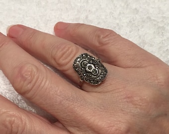 Wunderschöner antiker Vintage Art DECO 9ct Rose GOLD & Sterling Silber Ring-Schöne längliche Vorderseite verziert mit MARKASITEN-Uk Größe N-Us 6.5