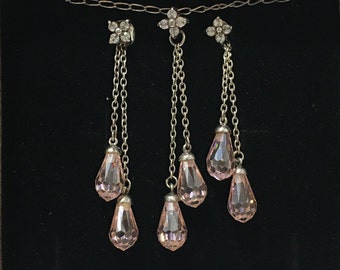 Gorgeous Vintage Sterling Silver NECKLACE & EARRINGS-Pink and White Cubic ZIRCONIA-Pink Teardrops-White Flowers-45cm (17.75") S/Silver Chain