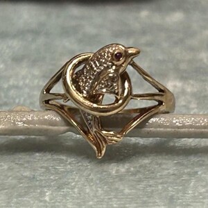 Puede incluir: Un anillo dorado con un diseño de delfín. El delfín está rodeado por un lazo, con un ojo de piedra preciosa roja y detalles texturizados. El anillo tiene un diseño de banda dividida.