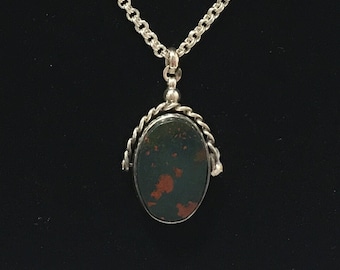 Vintage Victorian ENGLISH Sterling Silver-BLOODSTONE & Red CARNELIAN Spinning Swivel Fob-Birmingham 1897-On 76cm (30") Sterling Silver Chain
