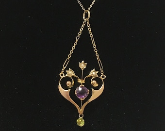 Exquisite Antique Vintage EDWARDIAN 9ct Gold SUFFRAGETTE Pendant-With AMETHYST-Peridot Dangle & Seed Pearls- 9ct Gold 41cm (16") Chain