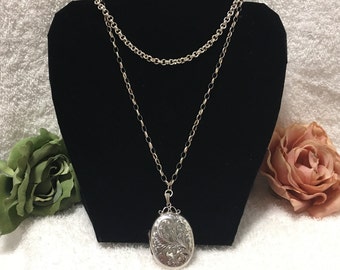 Exquisite Vintage ENGLISH Sterling Silver LARGE Locket-Lovely Engraved Front-BIRMINGHAM 1973-46cm + 42cm (18" + 16.5") Sterling Silver Chain