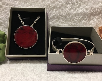 Gorgeous Vintage Sterling Silver-RED and BLACK Disc Pendant Necklace & Bangle Set-Large Sterling Silver Discs Set with Red and Black Enamel