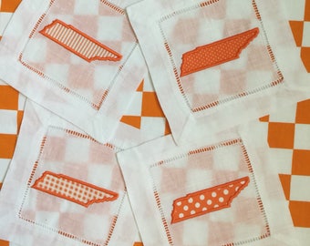 Tennessee Applique Linen Cocktail Napkins- set of 4, Tennessee Volunteers, TN, State Pride,  Entertaining, Home decor