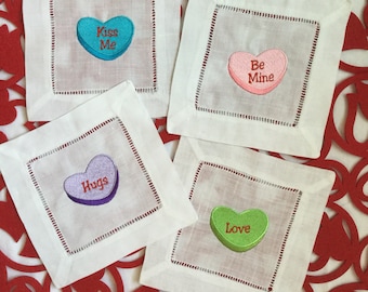 Valentine's Day Candy Heart Linen Cocktail Napkins- Set of 4, Conversation Hearts, Be Mine, Kiss Me, Valentines Decor, Entertaining, Kitchen