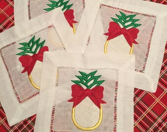 Embroidered Linen Cocktail Napkins-Christmas, Pineapple | Southern Holiday, Holiday Entertaining, Holiday Party, Christmas Pineapple