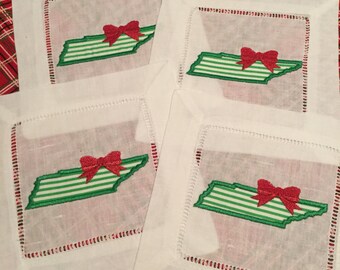 Embroidered Linen Cocktail Napkins- Tennessee Christmas, Holiday Entertaining, Christmas Cocktail Napkins, Christmas Party, TN, TN Christmas