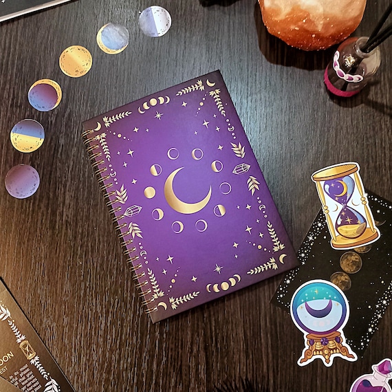 Undated Lunar Planner Journal, Moon Phase Cycle Tracker, Witchy Astrology Gratitude Diary, A5 Spiral Notebook