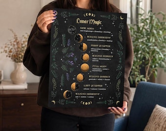 May include: A black rectangular poster titled Lunar Magic featuring a vertical sequence of moon phases from new moon to waning crescent. Each phase includes descriptive text in gold font, surrounded by a decorative border of green leaves.