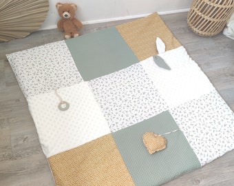 Baby sensory play mat double organic gauze flowered, sage green and mustard