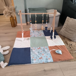 Assortment of games, birth gift Wooden play arch for baby + 4 suspensions and square play mat two sizes to choose from