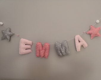 guirlande lettres prénom bébé et enfant à personnaliser rose/gris décoration chambre bébé cadeau naissance baptême