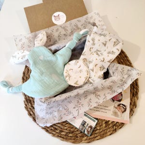 May include: A baby gift set in a woven basket, including a mint green plush toy, a matching bib, and a round item, all with a floral pattern. The items are nestled in patterned tissue paper, with a cardboard box and a sticker visible.