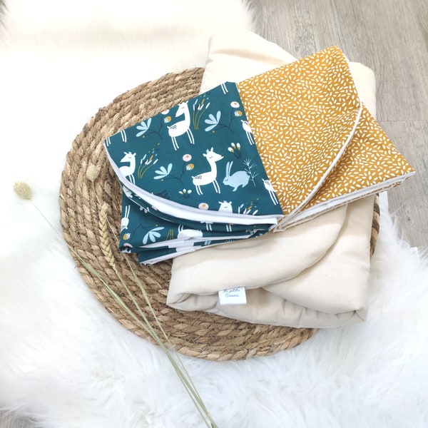 Topponcino Montessori and its duo of cotton covers with blue fawns and mustard leaves