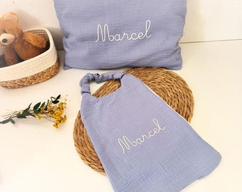 Baby-Set: Personalisiertes Kissen/Schlafkissen, Lätzchen für den Kindergarten, Trinkflasche, verschiedene Farben, Nanny, Kita, komplettes Schulstart-Set